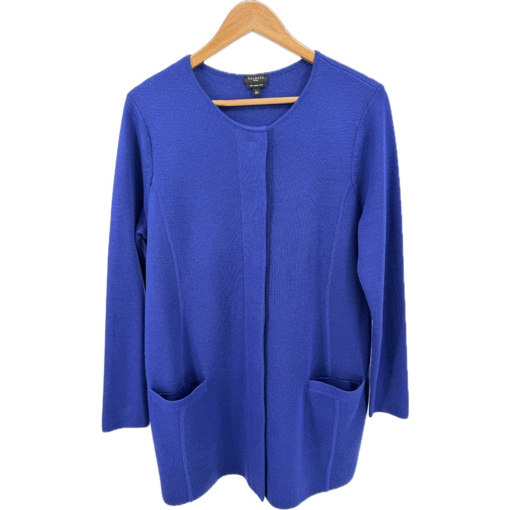 Talbots Petites LP Cardigan Womens Blue 100% Merino Wool Longline Pockets
